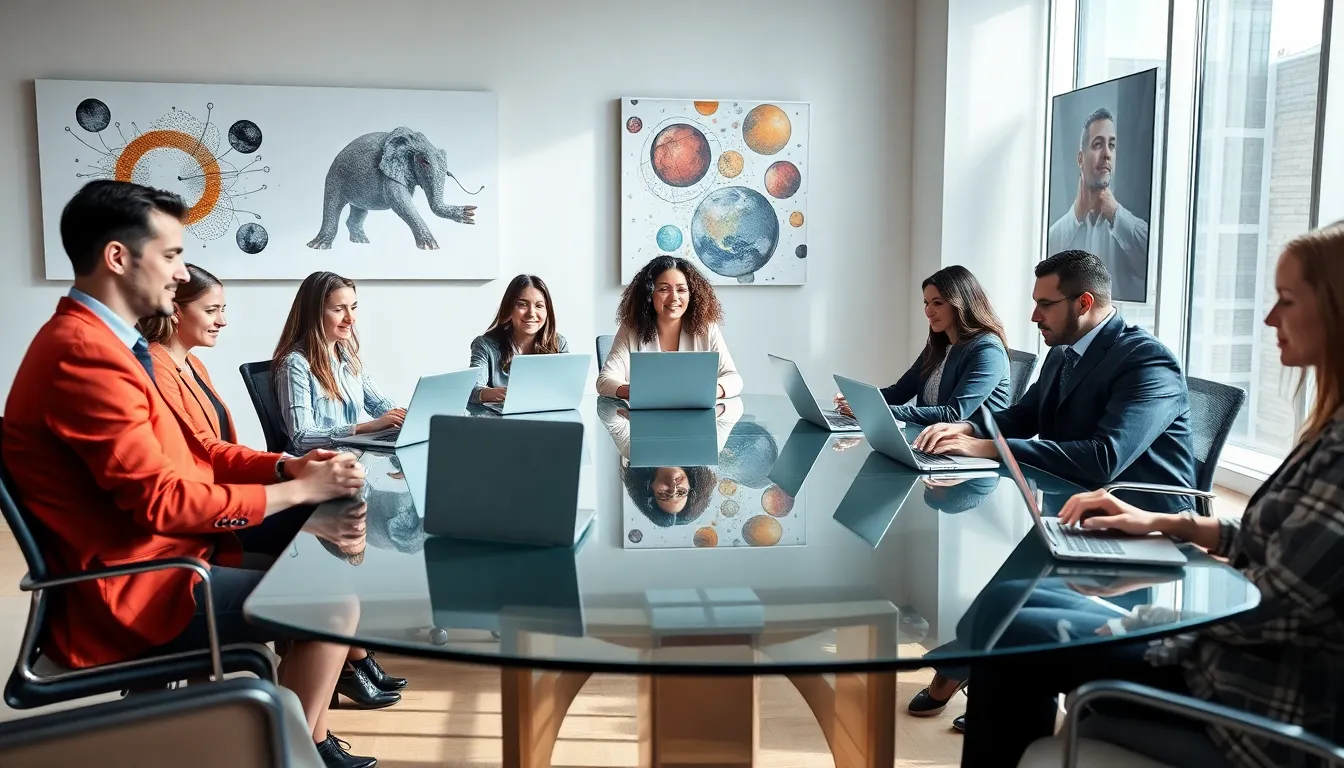 diverse team discussing digital communication innovations in a modern office.